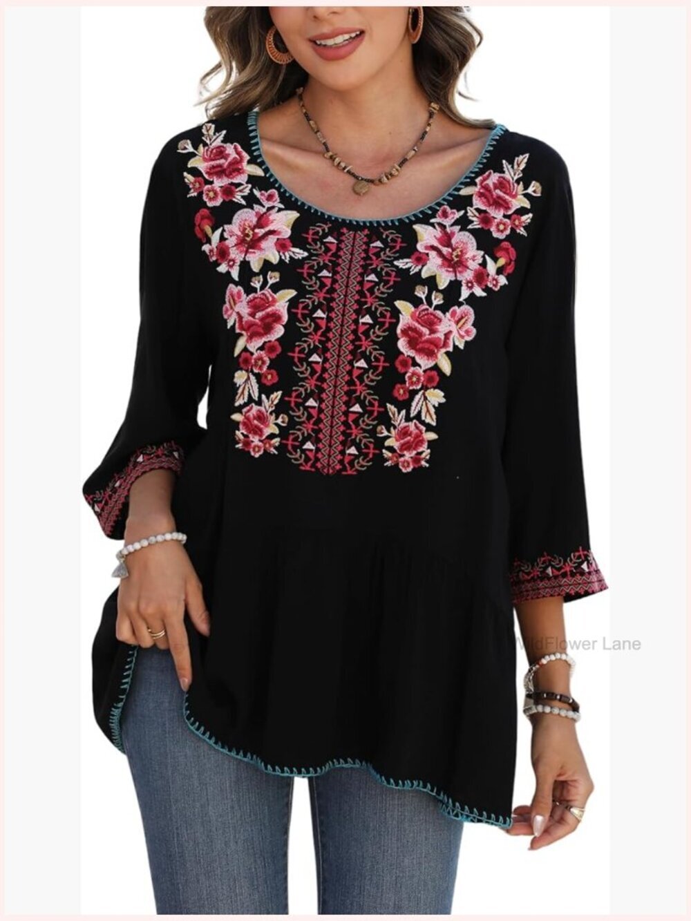 Mexican Embroidered Tunic Peasant Blouse Boho Cotton Top 3/4 Sleeve